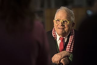 British artist David Hockney gestures during a preview of The Queen's Window, a new stained glass window designed by Hockney and created by Barley Studio York, at Westminster Abbey in central London on September 26, 2018.