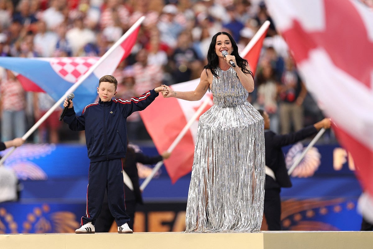 Katy Perry performs during the Parade of Nations before the FIFA World Cup 2026 Group D match between USA and Paraguay at Los Angeles Stadium on June 12, 2026 in Los Angeles, California.