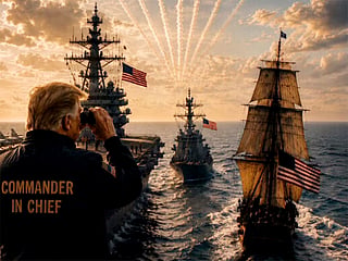 Trump posts a dramatic AI-generated visual on Truth Social, depicting him in a naval setting with warships and jets in formation, alongside the caption: “YOU’RE GETTING DISCOMBOBULATED.”