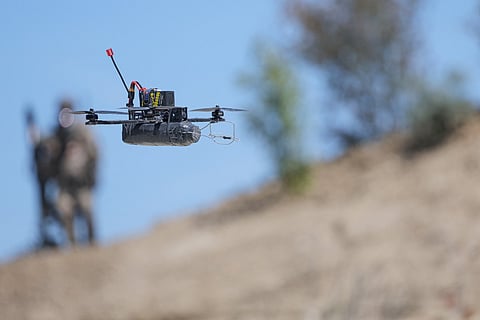 This photograph shows a FPV drone flying during a dynamic demonstration of military equipment at the Eurosatory defence and security trade show at the Paris Nord Villepinte Exhibition Centre in Villepinte, a northeastern suburb of Paris, on June 14, 2026. Picture for illustrative purposes.