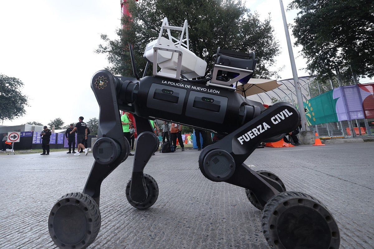 A robot dog of the Nuevo Leon State Police is seen outside Monterrey Stadium in Monterrey, Mexico, on June 13, 2026.