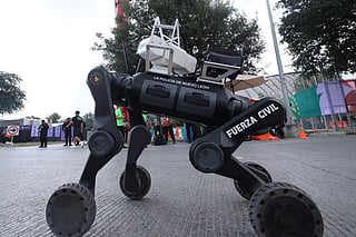 A robot dog of the Nuevo Leon State Police is seen outside Monterrey Stadium in Monterrey, Mexico, on June 13, 2026.