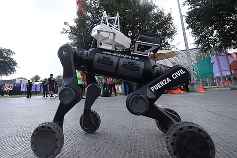 A robot dog of the Nuevo Leon State Police is seen outside Monterrey Stadium in Monterrey, Mexico, on June 13, 2026.