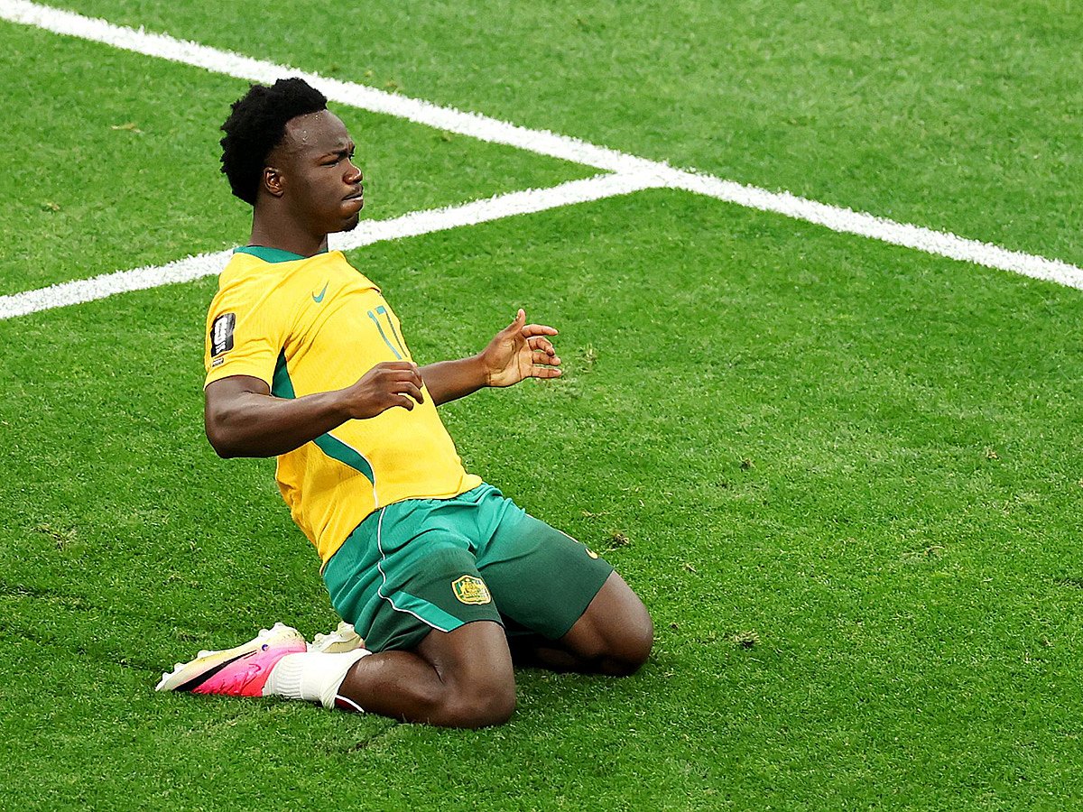 Nestory Irankunda of Australia celebrates scoring his team's first goal during the FIFA World Cup 2026 Group D match against Türkiye at BC Place Vancouver on June 13, 2026 in Vancouver, British Columbia.