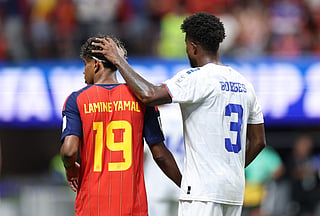 Diney Borges #3 of Cabo Verde interacts with Lamine Yamal #19 of Spain during the FIFA World Cup 2026 Group H match between Spain and Cabo Verde at Atlanta Stadium on June 15, 2026 in Atlanta, Georgia.