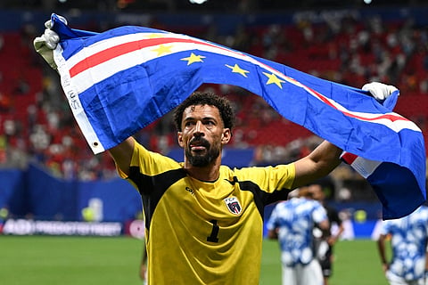 Cape Verde's goalkeeper #01 Vozinha celebrates at the end of the 2026 World Cup Group H football match between Spain and Cape Verde at the Atlanta Stadium in Atlanta on June 15, 2026.