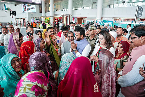 Union Civil Aviation Minister Ram Mohan Naidu Kinjarapu meets farmers and their families who contributed land for Noida International Airport, on Monday. 