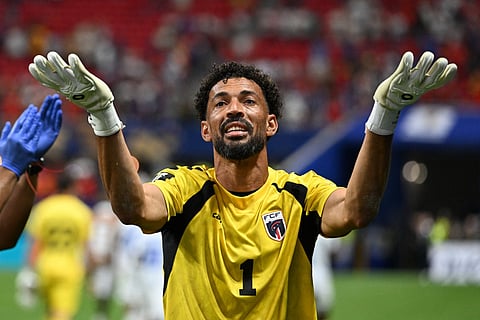 Cape Verde's goalkeeper #01 Vozinha celebrates at the end of the 2026 World Cup Group H football match between Spain and Cape Verde at the Atlanta Stadium in Atlanta on June 15, 2026.