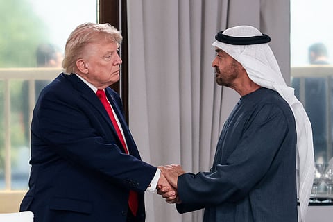 UAE President His Highness Sheikh Mohamed bin Zayed Al Nahyan with US President Donald Trump on the sidelines of the G7 Summit taking place in Évian-les-Bains, France.