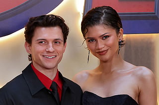 US actress Zendaya and British actor Tom Holland pose during a photocall for « Spider-Man: brand new day » movie in a hotel in Madrid on June 15, 2026.