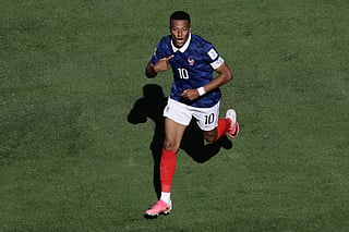 France's Kylian Mbappe celebrates after scoring thrid goal during the World Cup Group I soccer match between France and Senegal in East Rutherford, N.J., near New York, Tuesday, June 16, 2026. (AP Photo/Adam Hunger)
