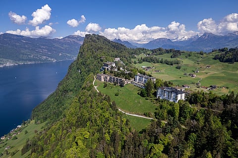 An aerial picture taken on May 10, 2024 shows the Burgenstock resort above Lake Lucerne.