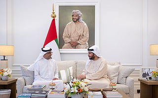 Sheikh Hamdan bin Zayed Al Nahyan, Ruler’s Representative in the Al Dhafra Region, receives Jassem Mohamed Bu Ataba Al Zaabi, Chairman of the Department of Finance and Chairman of Modon Holding at Al Nakheel Palace in Abu Dhabi.