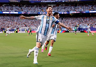 Lionel Messi #10 of Argentina celebrates scoring his team's first goal during the FIFA World Cup 2026 Group J match between Argentina and Algeria at Kansas City Stadium on June 16, 2026 in Kansas City, Missouri.