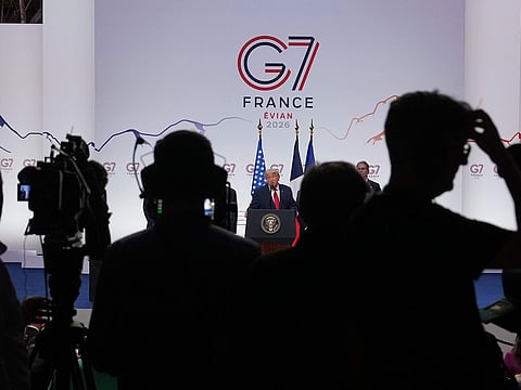 US President Donald Trump speaks during a news conference at the G7 summit in Evian-les-Bains, France.