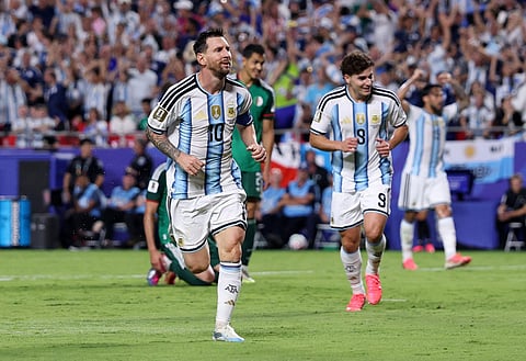 Lionel Messi #10 of Argentina celebrates scoring his team's third and hat trick goal during the FIFA World Cup 2026 Group J match between Argentina and Algeria at Kansas City Stadium on June 16, 2026 in Kansas City, Missouri.