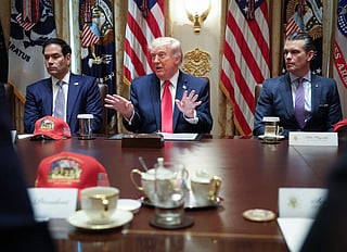 President Donald Trump (C-L) speaks during a Cabinet meeting in the Cabinet Room of the White House on May 27, 2026 in Washington, DC. Trump said a peace deal with Iran was “largely negotiated” amid expectations around the re-opening the Strait of Hormuz.