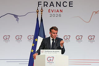 France's President Emmanuel Macron speaks during the closing press conference of the G7 summit, in Evian, eastern France, on June 17, 2026.