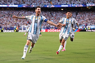 Lionel Messi #10 of Argentina celebrates scoring his team's first goal during the FIFA World Cup 2026 Group J match between Argentina and Algeria at Kansas City Stadium on June 16, 2026 in Kansas City, Missouri.