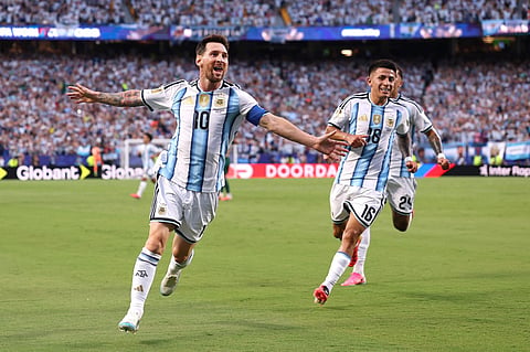 Lionel Messi #10 of Argentina celebrates scoring his team's third and hat trick goal during the FIFA World Cup 2026 Group J match between Argentina and Algeria at Kansas City Stadium on June 16, 2026 in Kansas City, Missouri.