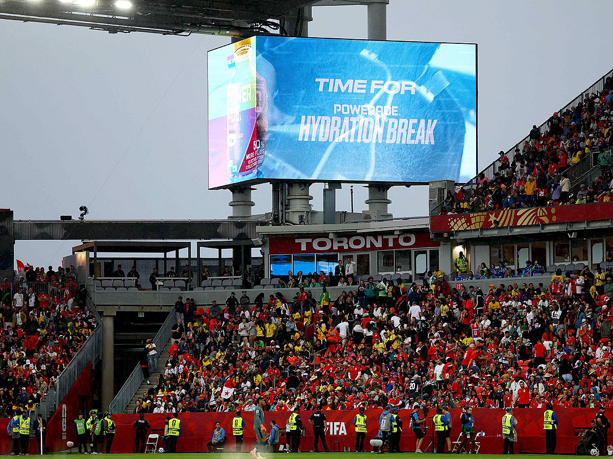 The big screen displays the hydration break during the FIFA World Cup 2026 Group L match between Ghana and Panama at Toronto Stadium on June 17, 2026 in Toronto, Ontario.