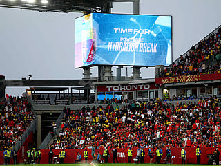 The big screen displays the hydration break during the FIFA World Cup 2026 Group L match between Ghana and Panama at Toronto Stadium on June 17, 2026 in Toronto, Ontario. 