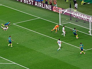Colombia's Luis Diaz (7), left, scores his side's second goal during the World Cup Group K soccer match against Uzbekistan in Mexico City, Wednesday, June 17, 2026. 
