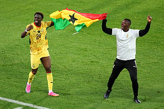 Marvin Senaya #26 of Ghana celebrates the team's 1-0 victory with a team staff after the FIFA World Cup 2026 Group L match between Ghana and Panama at Toronto Stadium on June 17, 2026 in Toronto, Ontario.