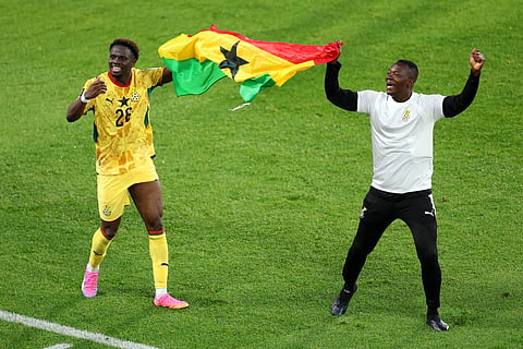 Marvin Senaya #26 of Ghana celebrates the team's 1-0 victory with a team staff after the FIFA World Cup 2026 Group L match between Ghana and Panama at Toronto Stadium on June 17, 2026 in Toronto, Ontario.
