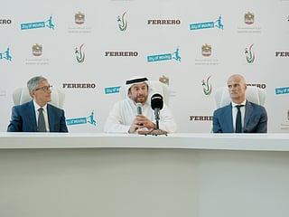 From left: Fabio Grilli, Regional Manager GCC, Ferrero; His Excellency Sheikh Suhail Bin Butti Al Maktoum, Assistant Undersecretary for the Sports Development and Competitive Sector at the Ministry of Sports and President of the UAE School and University Sports Federation; and Massimo Stella, General Manager UAE, Ferrero, at the signing ceremony