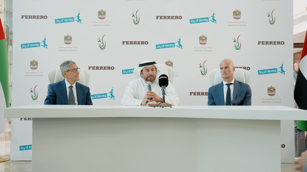 From left: Fabio Grilli, Regional Manager GCC, Ferrero; His Excellency Sheikh Suhail Bin Butti Al Maktoum, Assistant Undersecretary for the Sports Development and Competitive Sector at the Ministry of Sports and President of the UAE School and University Sports Federation; and Massimo Stella, General Manager UAE, Ferrero, at the signing ceremony
