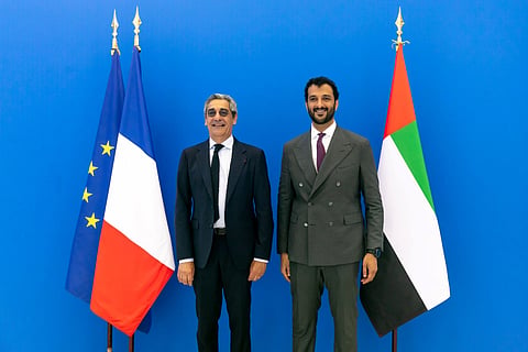 Abdulla bin Touq Al Marri, Minister of Economy and Tourism, with Serge Papin, France's Minister for Small and Medium-sized Enterprises, Trade, Crafts, Tourism and Purchasing Power, at VivaTech 2026 in Paris. 