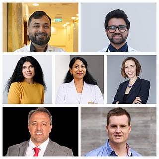 Clockwise from top left: Dr. Vishal Rajmal Mehta, Dr. Smit Mehul Vadodariya, Dr. Kirin Hilliar, Dr. Nirosha Ponnuraj, Nargiza Noimann Zander, Dr. Alexandre Machado, and Mark Samways