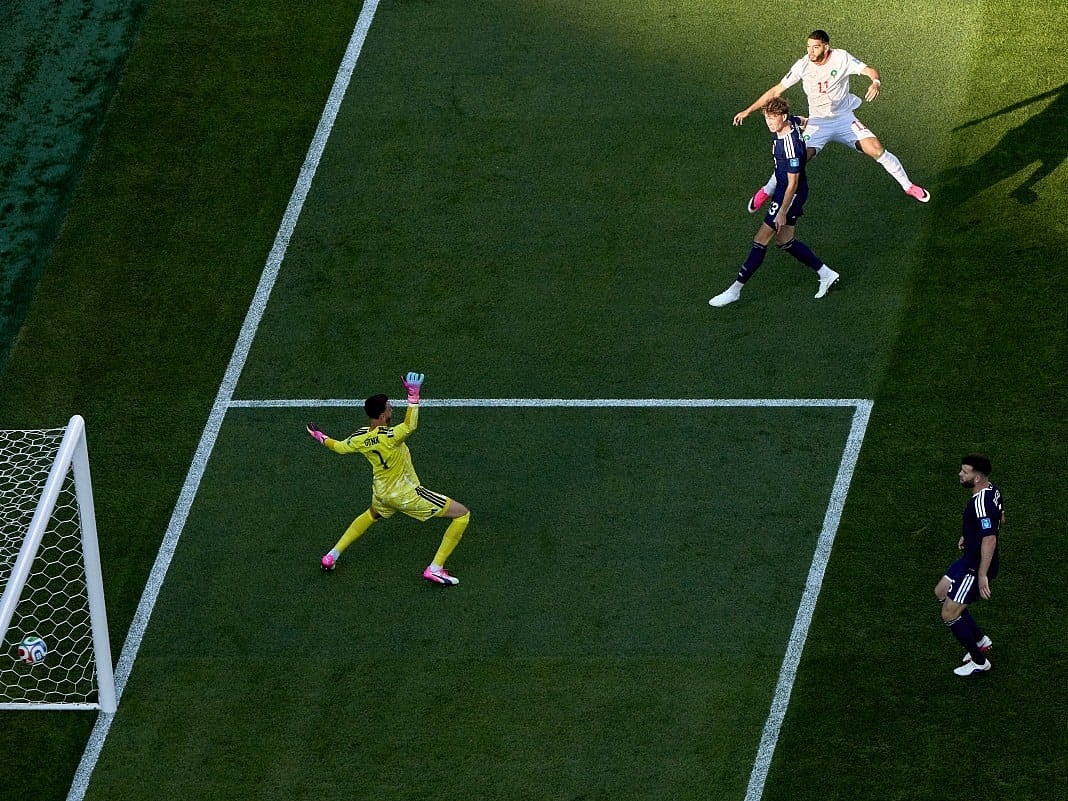 Ismael Saibari of Morocco scores his team's first goal during the FIFA World Cup 2026 Group C match between Scotland and Morocco at Boston Stadium on June 19, 2026 in Foxborough, Massachusetts.