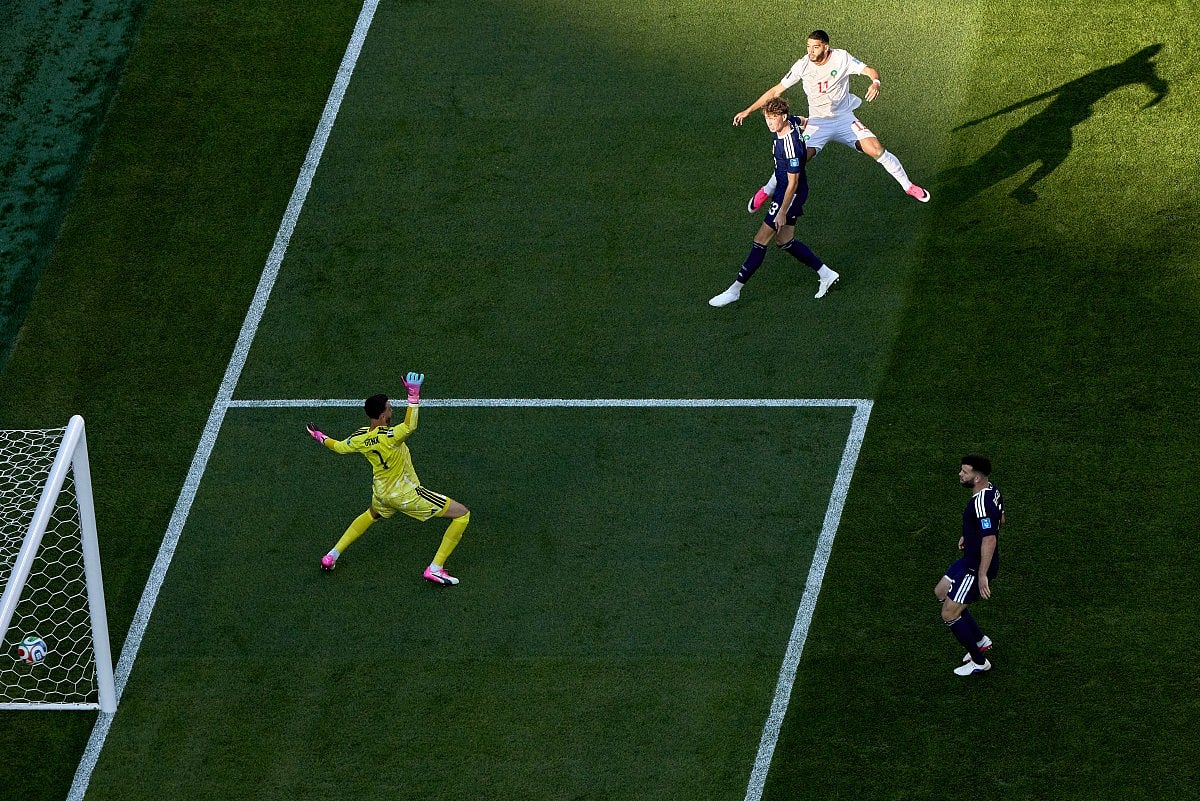 Ismael Saibari of Morocco scores his team's first goal during the FIFA World Cup 2026 Group C match between Scotland and Morocco at Boston Stadium on June 19, 2026 in Foxborough, Massachusetts.