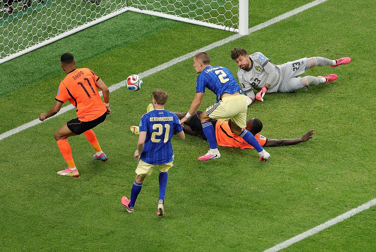Cody Gakpo #11 of the Netherlands scores his team's third goal during the FIFA World Cup 2026 Group F match between Netherlands and Sweden at Houston Stadium on June 20, 2026 in Houston, Texas.