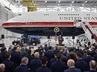 US President Donald Trump delivers remarks after touring the newest aircraft in the presidential fleet at Andrews Air Force Base on June 19, 2026 at Joint Base Andrews, Maryland.  