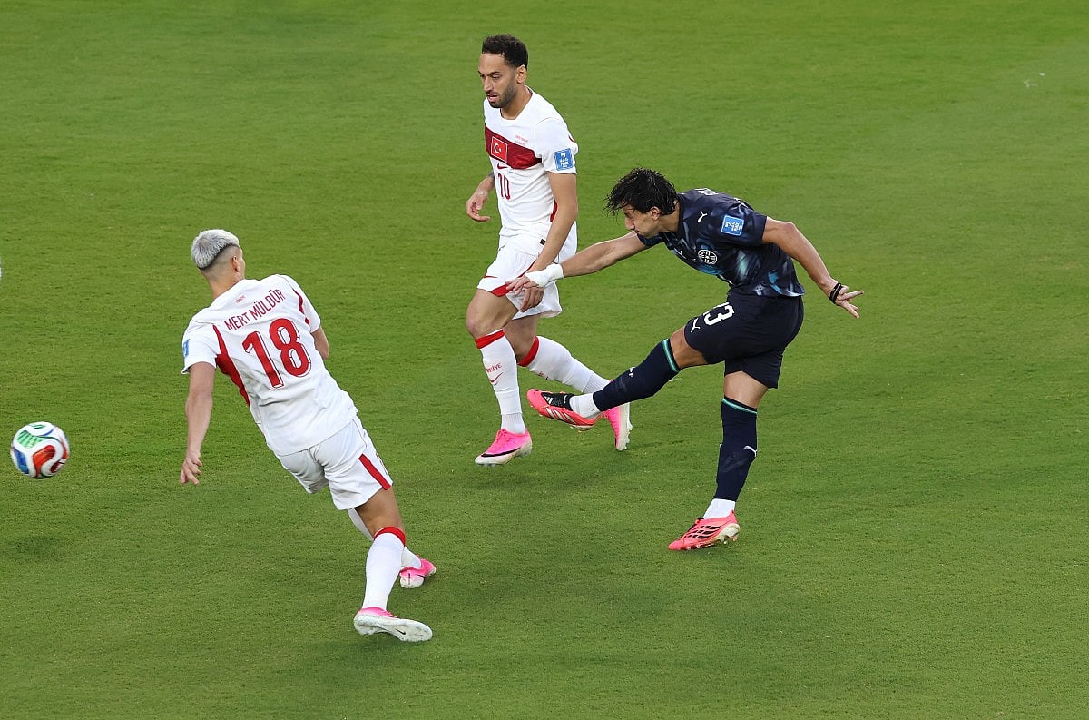 Matias Galarza of Paraguay shoots to score his team's first goal during the FIFA World Cup 2026 Group D match between Türkiye and Paraguay at San Francisco Bay Area Stadium on June 19, 2026 in Santa Clara, California.