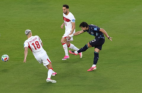 Matias Galarza of Paraguay shoots to score his team's first goal during the FIFA World Cup 2026 Group D match between Türkiye and Paraguay at San Francisco Bay Area Stadium on June 19, 2026 in Santa Clara, California.