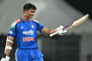 India's Yashasvi Jaiswal celebrates after scoring a century (100 runs) during the third one-day international (ODI) cricket match between India and Afghanistan at the MA Chidambaram Stadium in Chennai on June 20, 2026.