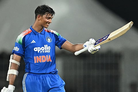 India's Yashasvi Jaiswal celebrates after scoring a century (100 runs) during the third one-day international (ODI) cricket match between India and Afghanistan at the MA Chidambaram Stadium in Chennai on June 20, 2026.