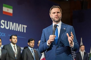 US Vice President JD Vance delivers a speech during a quadrilateral meeting between the United States, Iran, Pakistan and Qatar at the Burgenstock luxury hotel complex near Lake Lucerne, Switzerland, on June 21, 2026, as part of talks aimed at advancing a deal to end the Middle East conflict.