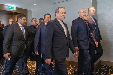 Iran's delegation including Minister of Foreign Affairs of Iran Abbas Araghchi (C) and Speaker of the Islamic Parliament of Iran, Mohammed Bagher Ghalibaf (2ndR) arrive for a quadrilateral meeting between the United States, Iran, Pakistan and Qatar at the Burgenstock luxury hotel complex near Lake Lucerne, Switzerland, on June 21, 2026, as part of talks aimed at advancing a deal to end the Middle East conflict.