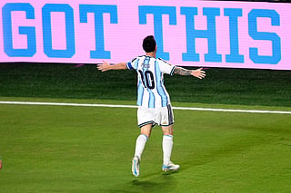 Argentina's Lionel Messi (10) celebrates after scoring their second goal during the World Cup Group J soccer match between Argentina and Algeria in Kansas City, Mo., Tuesday, June 16, 2026. (AP Photo/Reed Hoffmann)