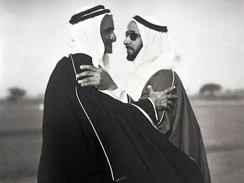 Sheikh Mohammed's father, Sheikh Rashid (left), the late ruler of Dubai, with the late Sheikh Zayed, the first ruler of the UAE and the country's Founding Father. 