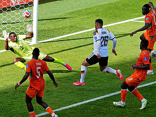 Germany's Deniz Undav (26) scores their first goal during the World Cup Group E soccer match between Germany and Ivory Coast in Toronto, Saturday, June 20, 2026. 