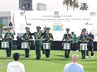 The Dubai Police band performs at the International Yoga Day event at Dubai Police Officers' Club on Sunday morning. 