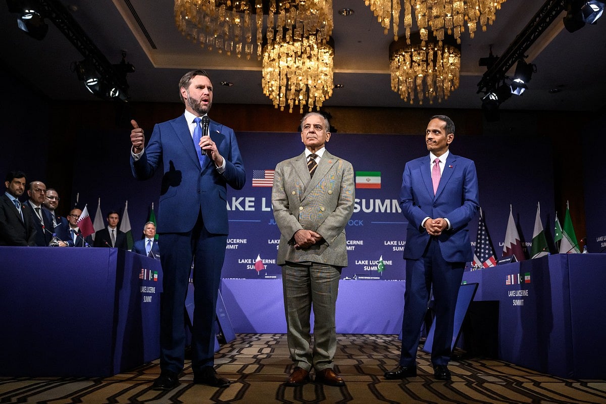 US Vice-President JD Vance (left) speaks next to Pakistan's Prime Minister Shehbaz Sharif and Qatar's Prime Minister and Minister for Foreign Affairs Sheikh Mohammed bin Abdul Rahman bin Jassim Al Thani at the start of a quadrilateral meeting between the United States, Iran, Pakistan and Qatar at the Burgenstock luxury hotel complex overlooking Lake Lucerne, Switzerland, on June 21, 2026