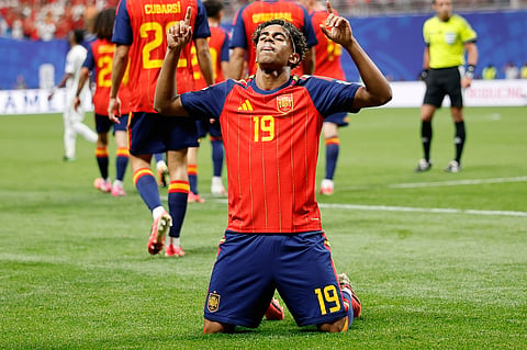 Spain's Lamine Yamal celebrates after scoring his side's opening goal during the World Cup Group H soccer match between Spain and Saudi Arabia in Atlanta, Sunday, June 21, 2026. (AP Photo/Erik S.Lesser)
