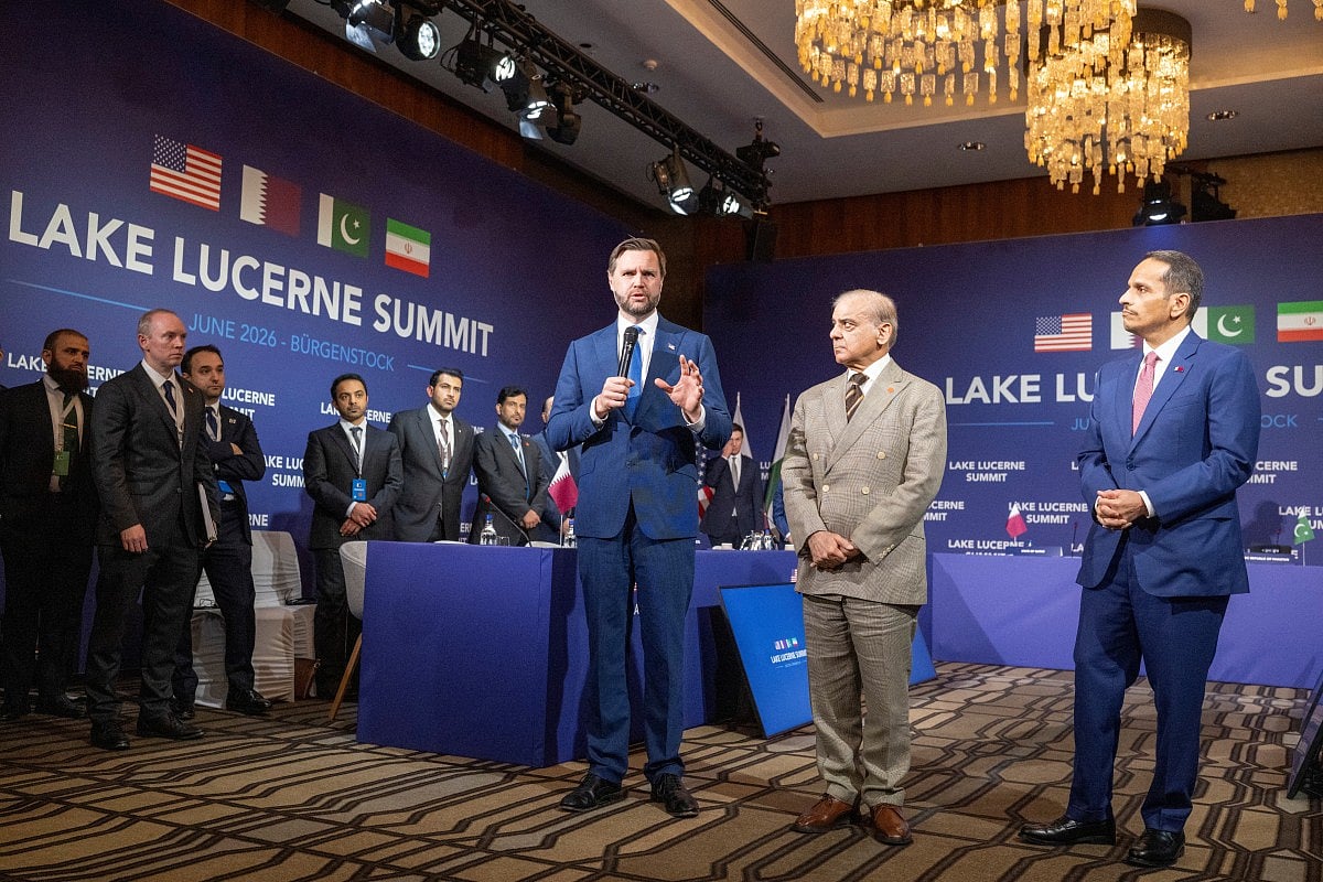 US Vice President JD Vance (L) speaks next to Pakistan's Prime Minister Shehbaz Sharif (C) and Qatar's Prime Minister Sheikh Mohammed bin Abdulrahman bin Jassim Al Thani prior to a quadrilateral meeting between the United States, Iran, Pakistan and Qatar at the Burgenstock luxury hotel complex overlooking Lake Lucerne, Switzerland, on June 21, 2026.